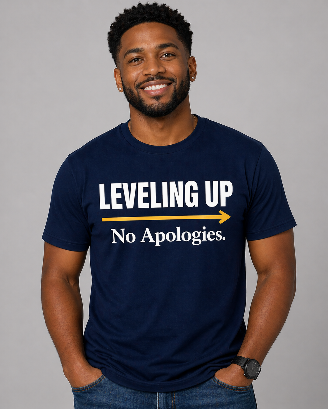 Leveling Up No Apologies tee – front